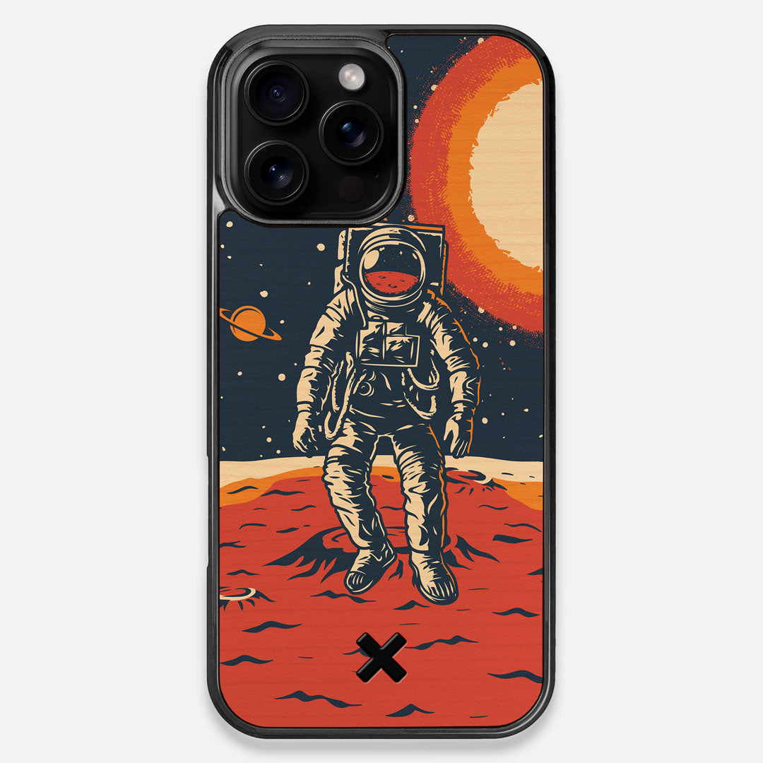 Front view of the stylized astronaut space-walk print on Cherry wood iPhone 16 Pro Max MagSafe Case by Keyway Designs