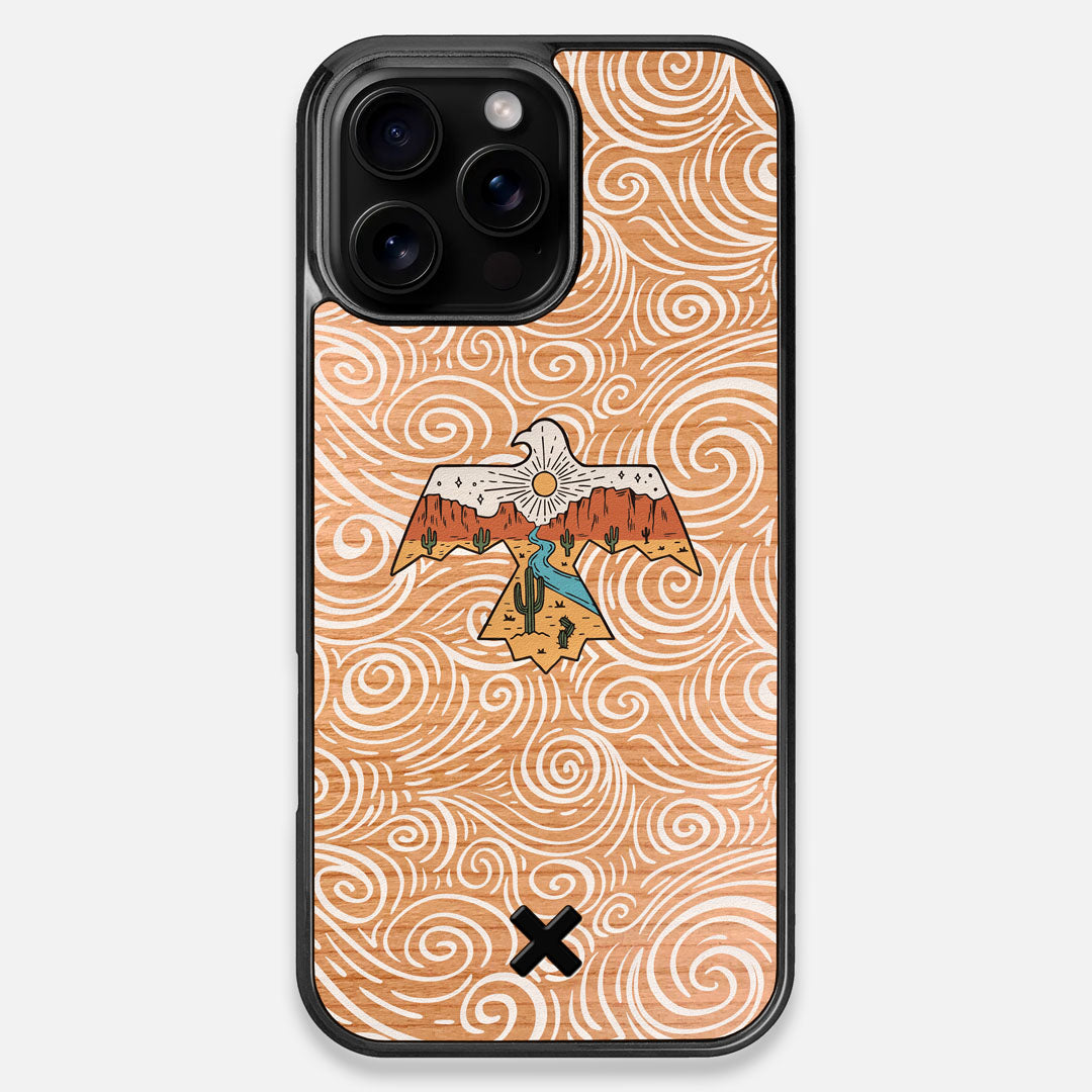 Front view of the double-exposure style eagle over flowing gusts of wind printed on Cherry wood iPhone 16 Pro Max MagSafe Case by Keyway Designs