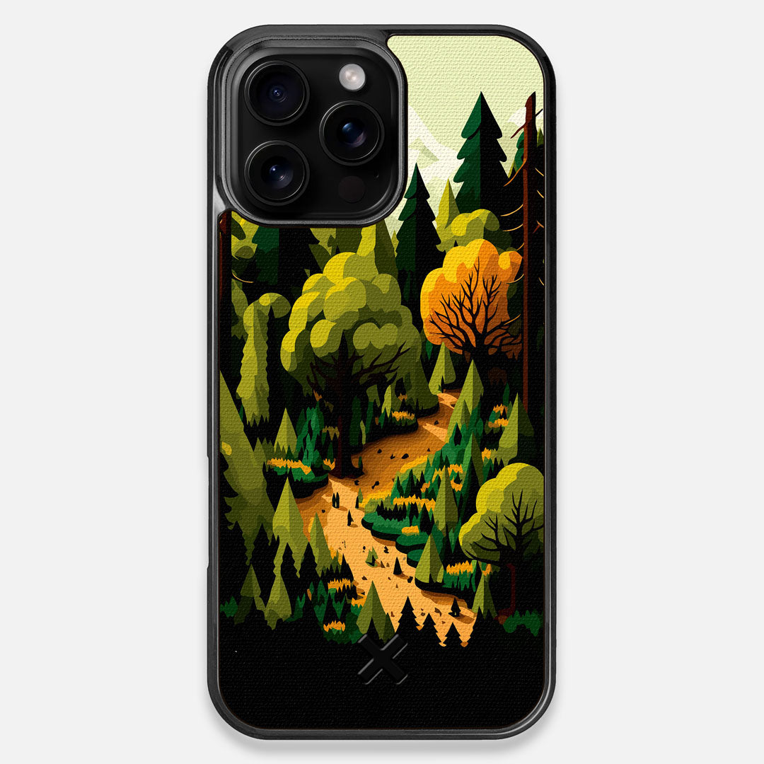 Front view of the stylized quiet forest path making it's way through the evergreen trees printed to cotton canvas iPhone 16 Pro Max MagSafe Case by Keyway Designs