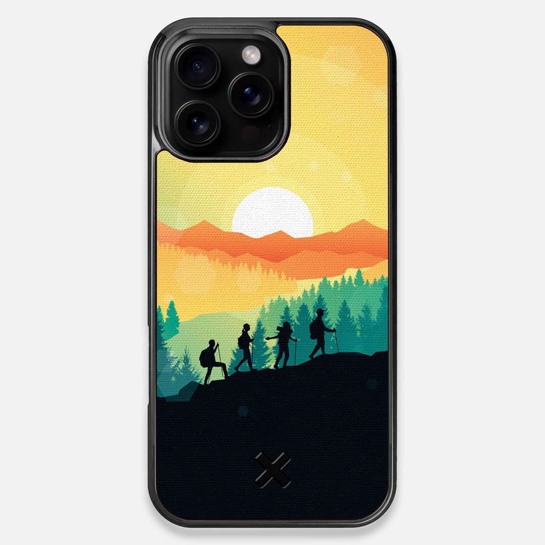 Front view of the stylized group of travellers on an expedition in the mountains printed to cotton canvas iPhone 16 Pro Max MagSafe Case by Keyway Designs