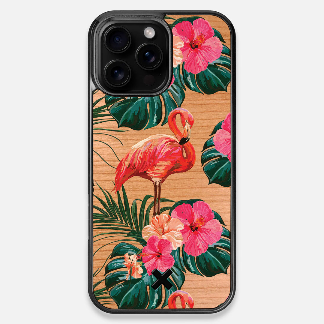 Front view of the Flamingo & Floral printed Cherry Wood iPhone 16 Pro Max MagSafe Case by Keyway Designs