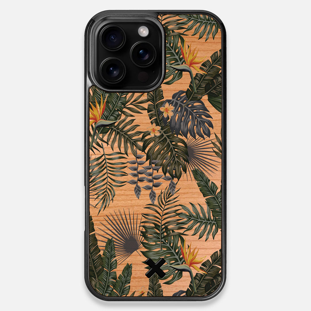 Front view of the Floral tropical leaf printed Cherry Wood iPhone 16 Pro Max MagSafe Case by Keyway Designs