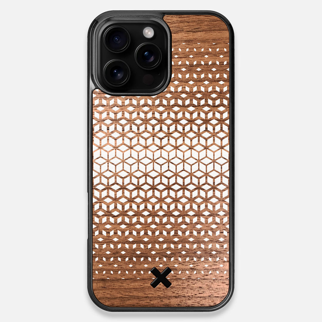 Front view of the white ink geometric gradient printed on Walnut wood iPhone 16 Pro Max MagSafe Case by Keyway Designs