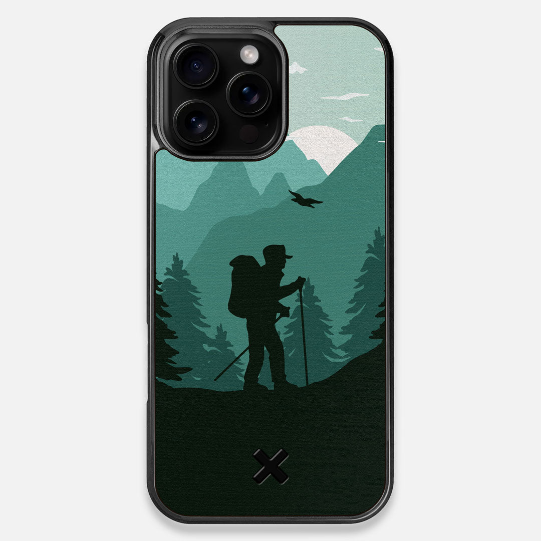 Front view of the stylized mountain hiker print on Wenge wood iPhone 16 Pro Max MagSafe Case by Keyway Designs