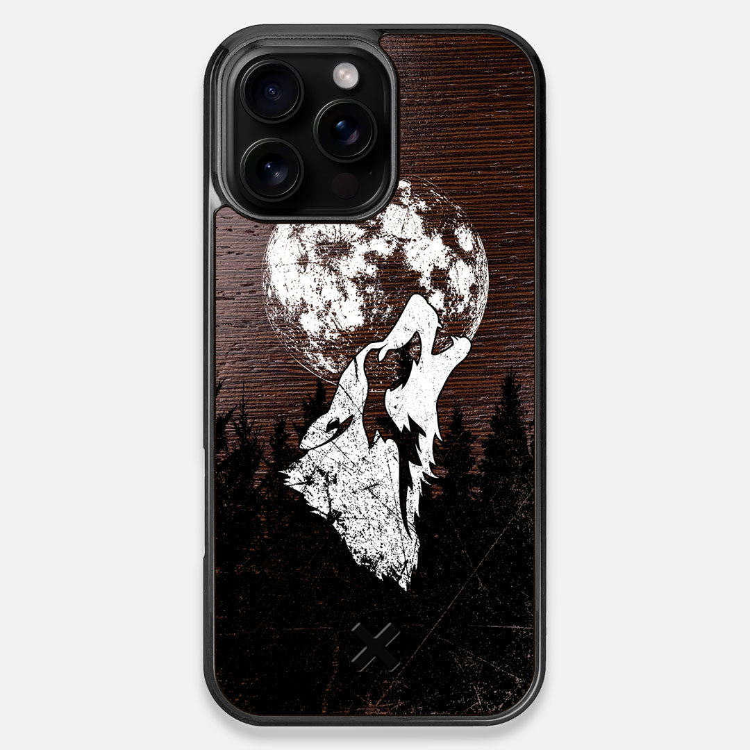 Front view of the high-contrast howling wolf on a full moon printed on a Wenge Wood iPhone 16 Pro Max MagSafe Case by Keyway Designs