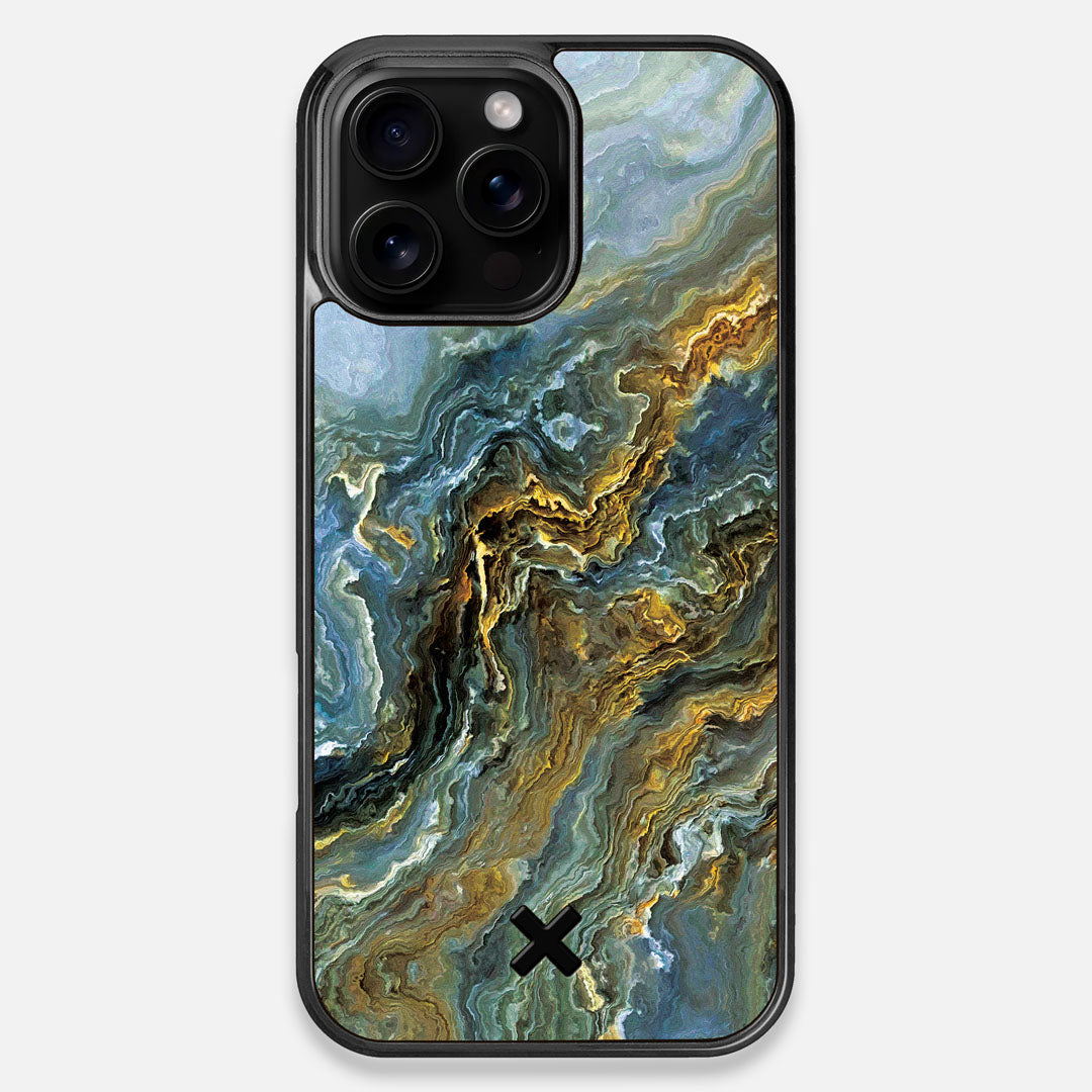 Front view of the vibrant and rich Blue & Gold flowing marble pattern printed Wenge Wood iPhone 16 Pro Max MagSafe Case by Keyway Designs