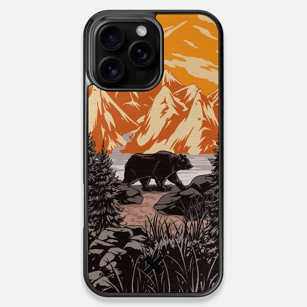 Front view of the stylized Kodiak bear in the mountains print on Wenge wood iPhone 16 Pro Max MagSafe Case by Keyway Designs