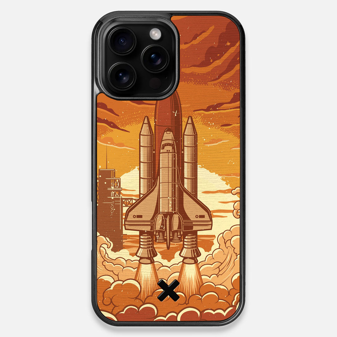 Front view of the vibrant stylized space shuttle launch print on Wenge wood iPhone 16 Pro Max MagSafe Case by Keyway Designs