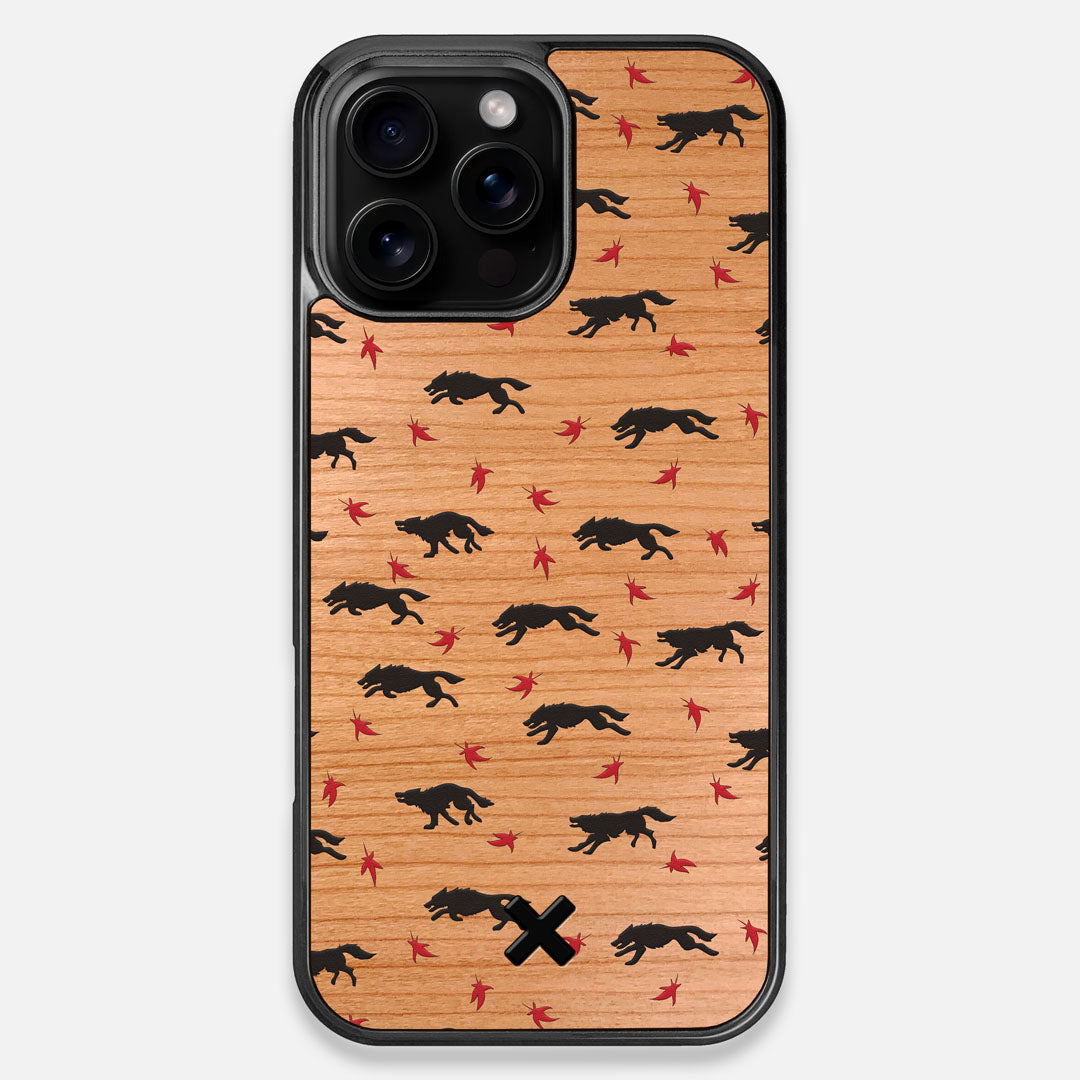 Front view of the unique pattern of wolves and Maple leaves printed on Cherry wood iPhone 16 Pro Max MagSafe Case by Keyway Designs