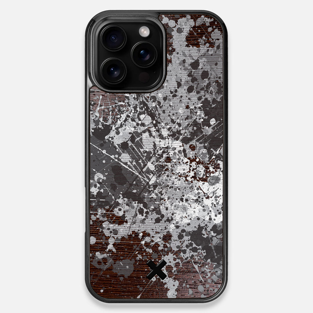 Front view of the aggressive, monochromatic splatter pattern overprintedprinted Wenge Wood iPhone 16 Pro Max MagSafe Case by Keyway Designs