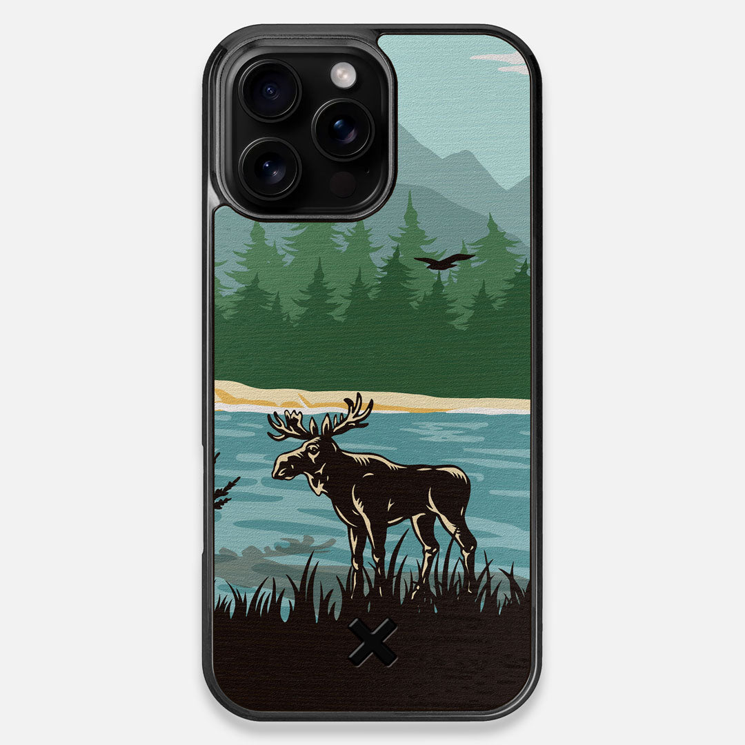 Front view of the stylized bull moose forest print on Wenge wood iPhone 16 Pro Max MagSafe Case by Keyway Designs