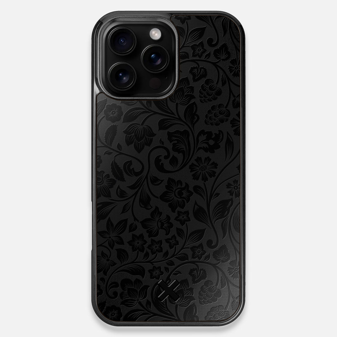 Front view of the highly detailed midnight floral engraving on matte black impact acrylic iPhone 16 Pro Max MagSafe Case by Keyway Designs