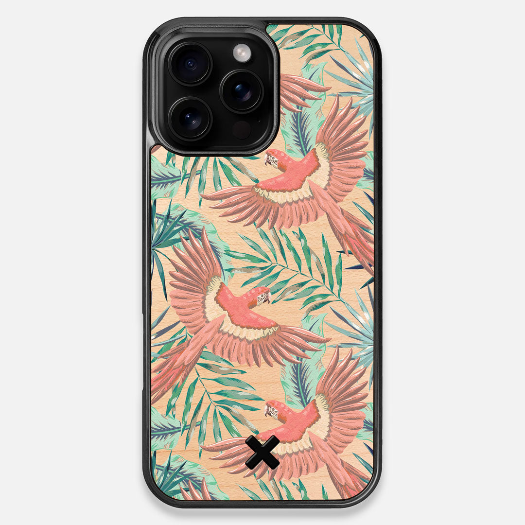 Front view of the Paradise Macaw and Tropical Leaf printed Maple Wood iPhone 16 Pro Max MagSafe Case by Keyway Designs