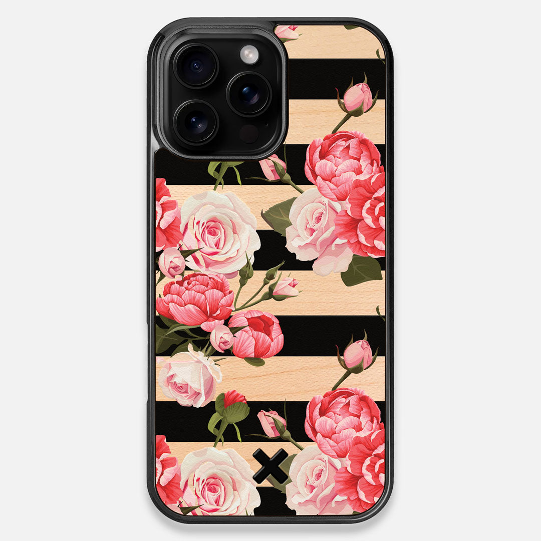 Front view of the artsy print of stripes with peonys and roses on Maple wood iPhone 16 Pro Max MagSafe Case by Keyway Designs