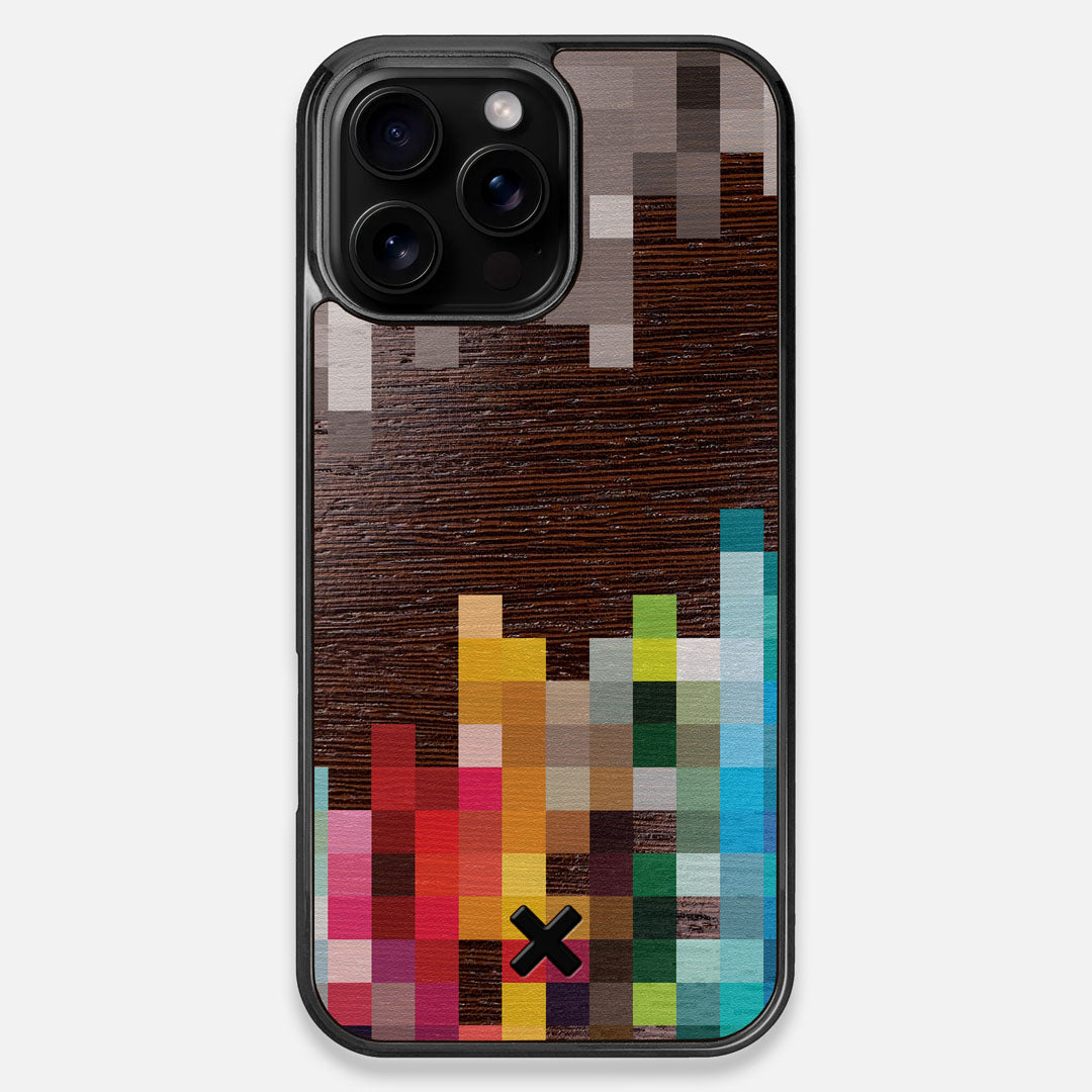 Front view of the digital art inspired pixelation design on Wenge wood iPhone 16 Pro Max MagSafe Case by Keyway Designs