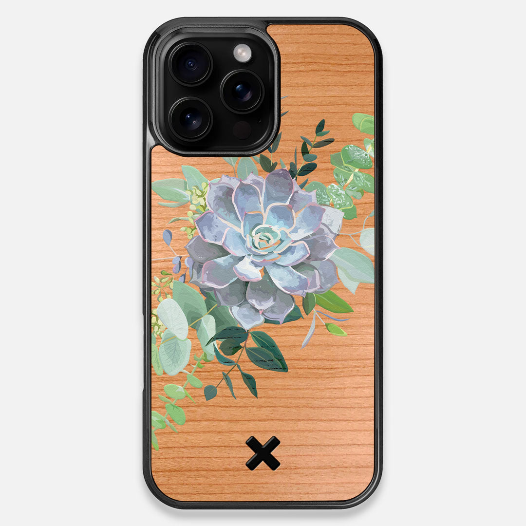 Front view of the print centering around a succulent, Echeveria Pollux on Cherry wood iPhone 16 Pro Max MagSafe Case by Keyway Designs