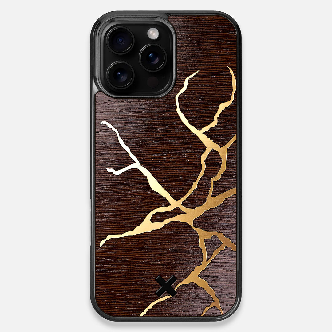 Front view of the Kintsugi inspired Gold and Wenge Wood iPhone 16 Pro Max MagSafe Case by Keyway Designs