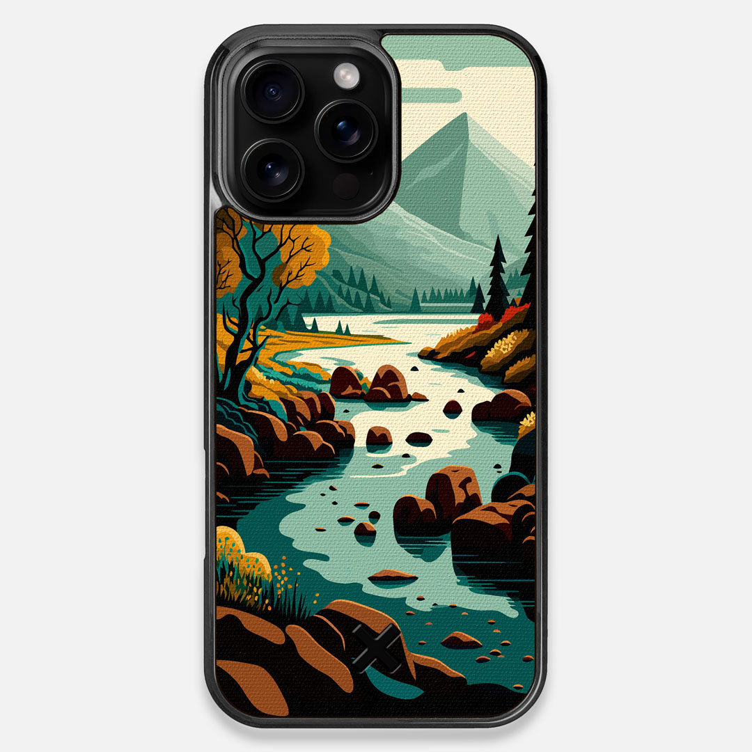 Front view of the stylized calm river flowing towards a lake at the base of the mountains printed to cotton canvas iPhone 16 Pro Max MagSafe Case by Keyway Designs