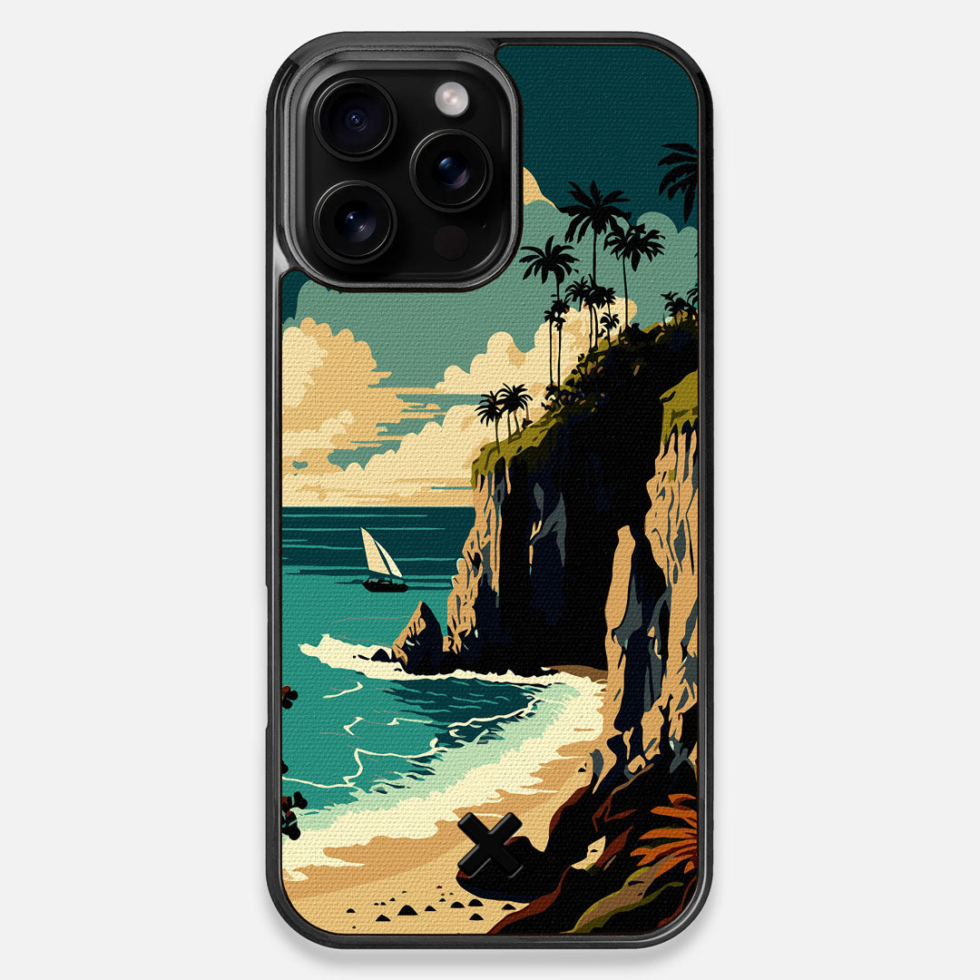 Front view of the stylized seaside bluff with the ocean waves crashing on the shore printed on cotton canvas iPhone 16 Pro Max MagSafe Case by Keyway Designs