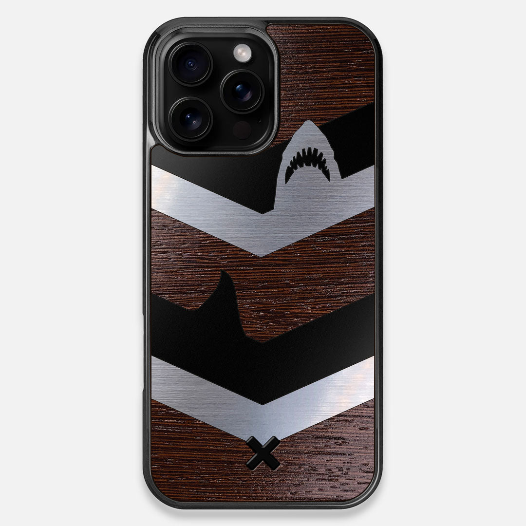 Front view of the Shark Chevron Dark By Parker Barrow Wenge Wood iPhone 16 Pro Max MagSafe Case by Keyway Designs