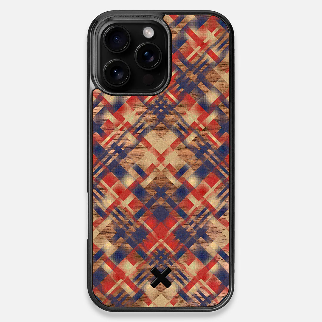 Front view of the Tartan print of beige, blue, and red on Walnut wood iPhone 16 Pro Max MagSafe Case by Keyway Designs