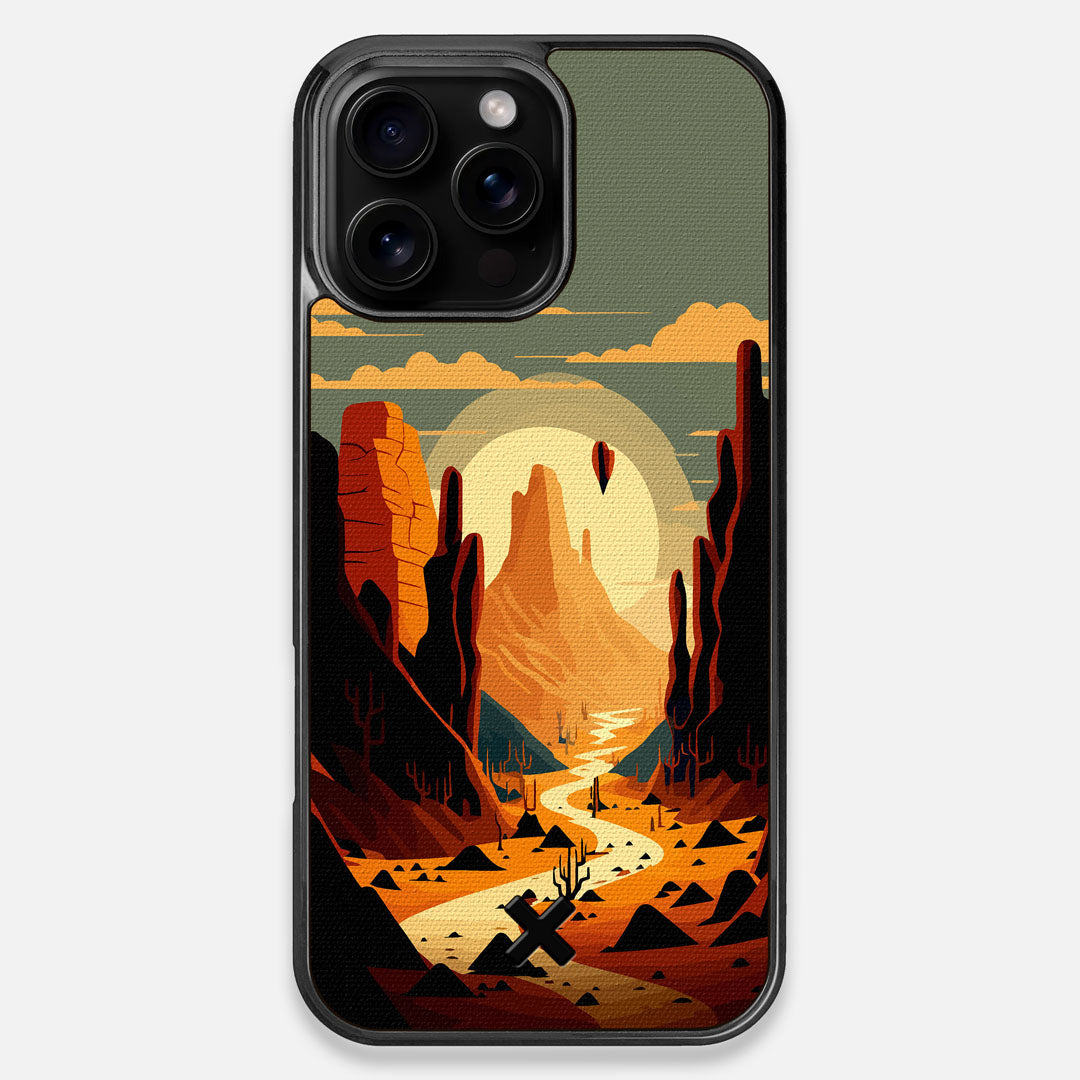 Front view of the stylized thin river cutting deep through a canyon sunset printed on cotton canvas iPhone 16 Pro Max MagSafe Case by Keyway Designs