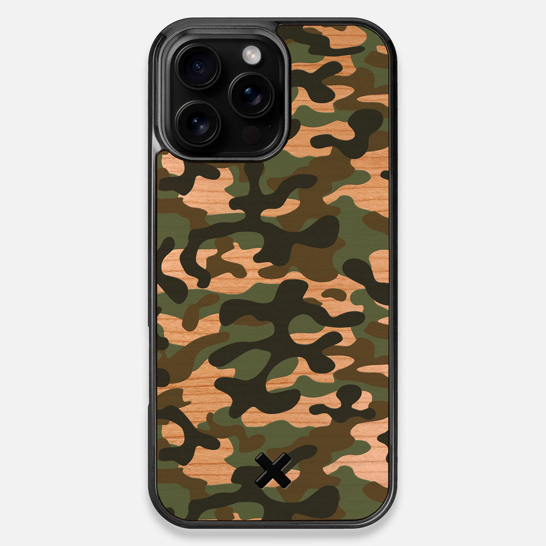 Front view of the stealth Paratrooper camo printed Wenge Wood iPhone 16 Pro Max MagSafe Case by Keyway Designs