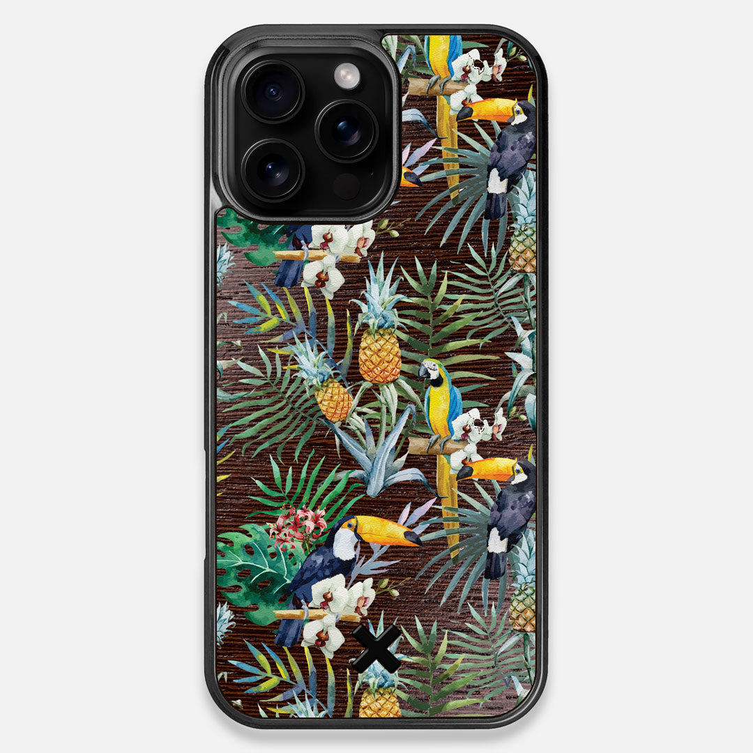 Front view of the Tropic Toucan and leaf printed Wenge Wood iPhone 16 Pro Max MagSafe Case by Keyway Designs