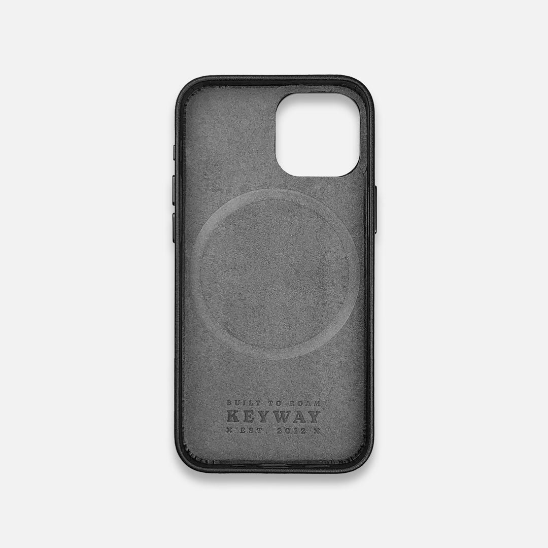 Microfiber lining of Charcoal Black Leather MagSafe iPhone 16 Case by Keyway