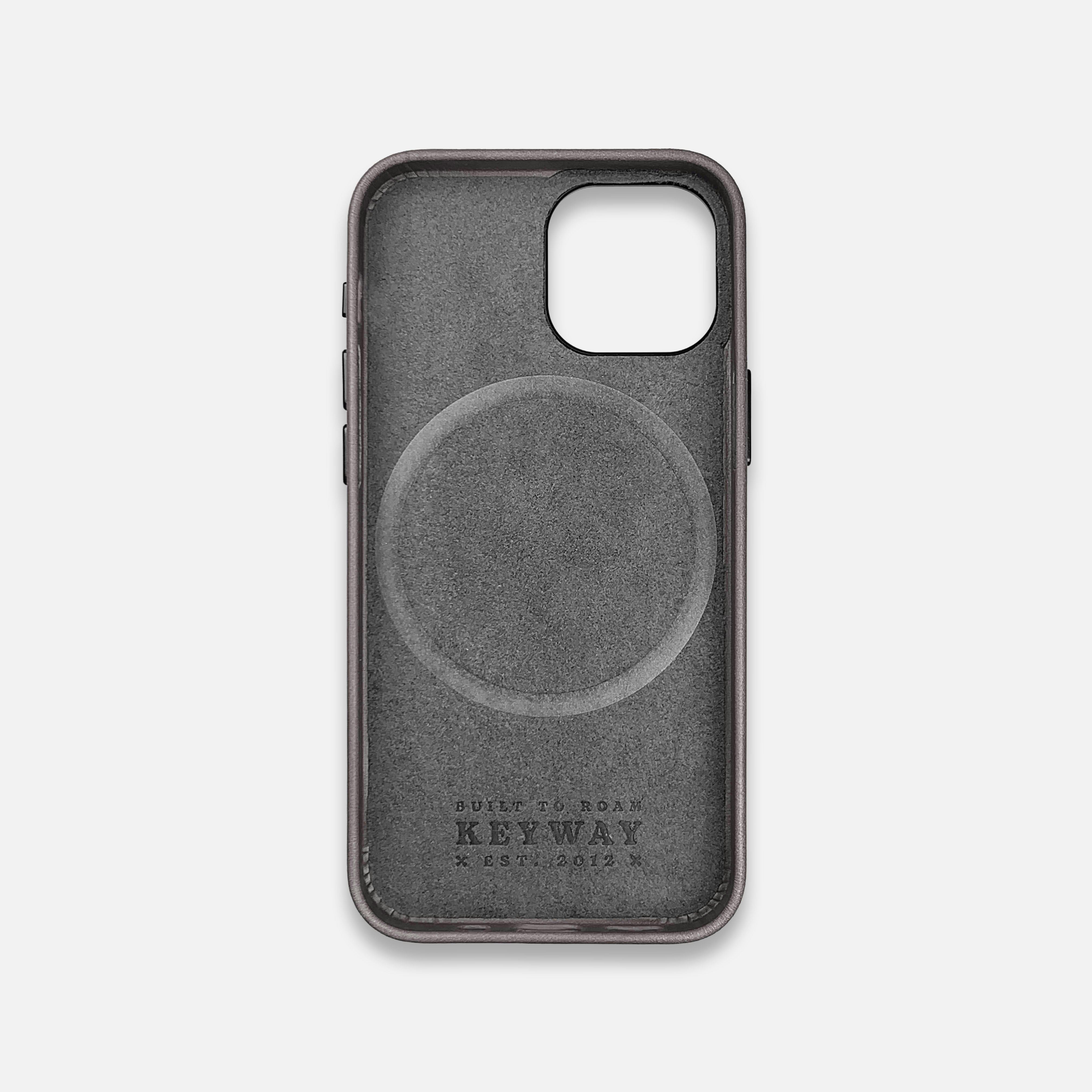 Microfiber lining of Slate Grey Leather MagSafe iPhone 16 Case by Keyway