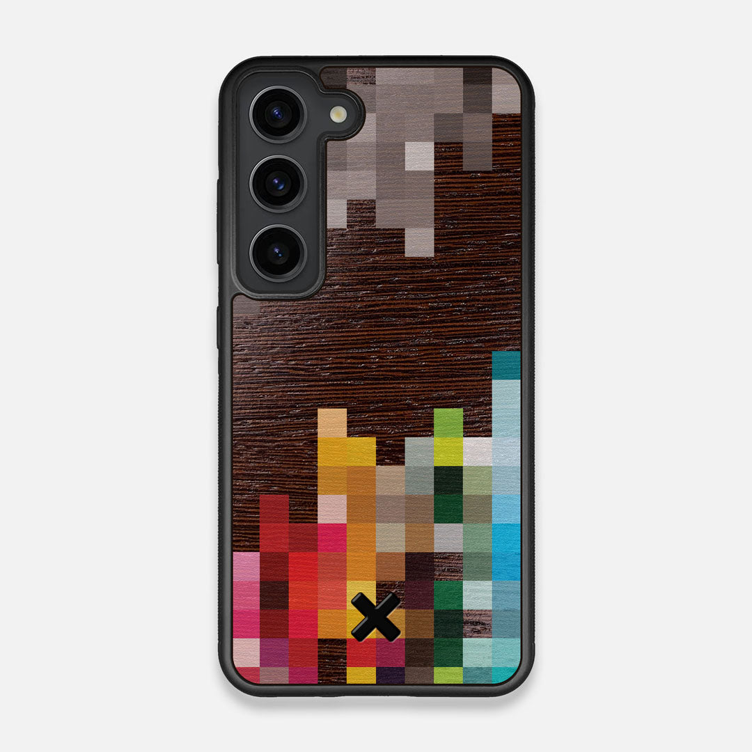 Front view of the digital art inspired pixelation design on Wenge wood Galaxy S23 Case by Keyway Designs