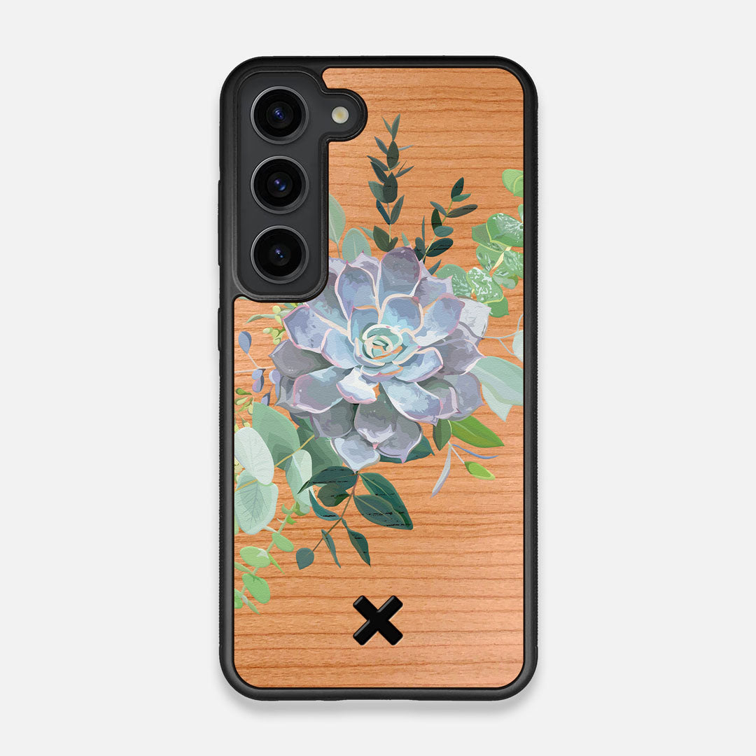 Front view of the print centering around a succulent, Echeveria Pollux on Cherry wood Galaxy S23 Case by Keyway Designs