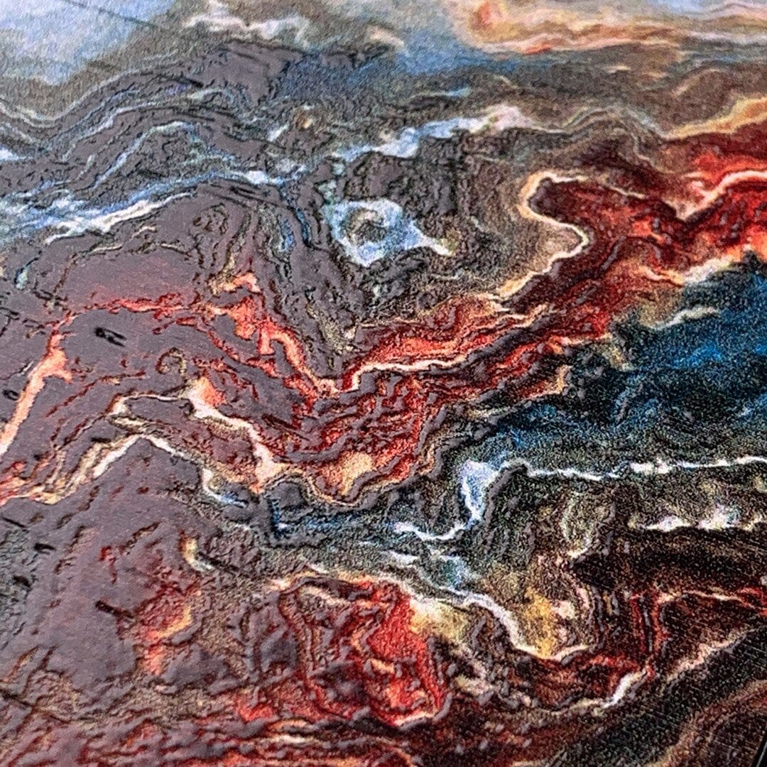 Zoomed in detailed shot of the vibrant and rich Red & Green flowing marble pattern printed Wenge Wood Galaxy S23+ Case by Keyway Designs